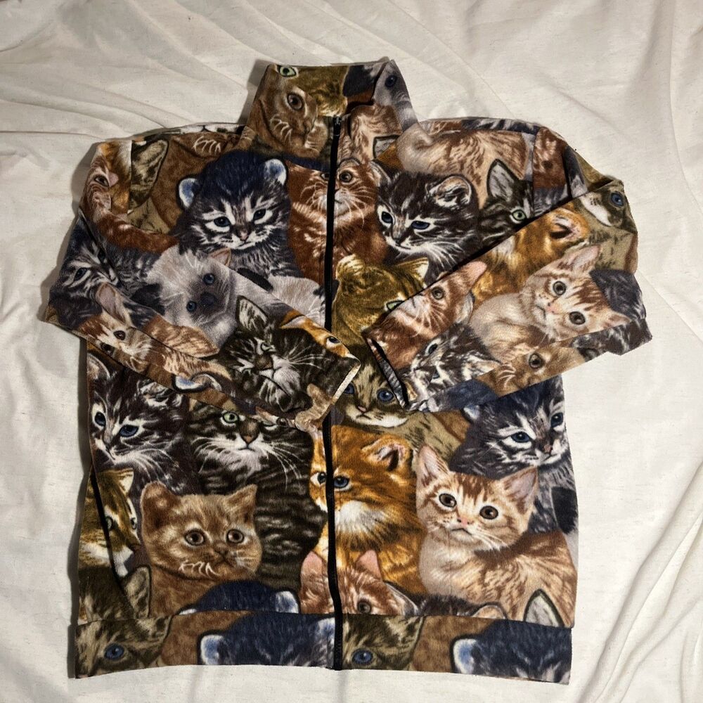 VTG 90s Black Mountain Cat Fleece Jacket Made In USA All Over Print Kittens XL